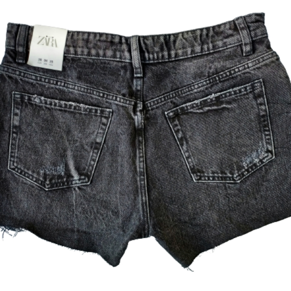 Zara Black Denim High Rise Distressed Short Size 6 Button Fly Frayed Hem NEW NWT - Picture 6 of 9